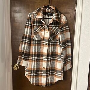 Brown & White plaid light mid length jacket